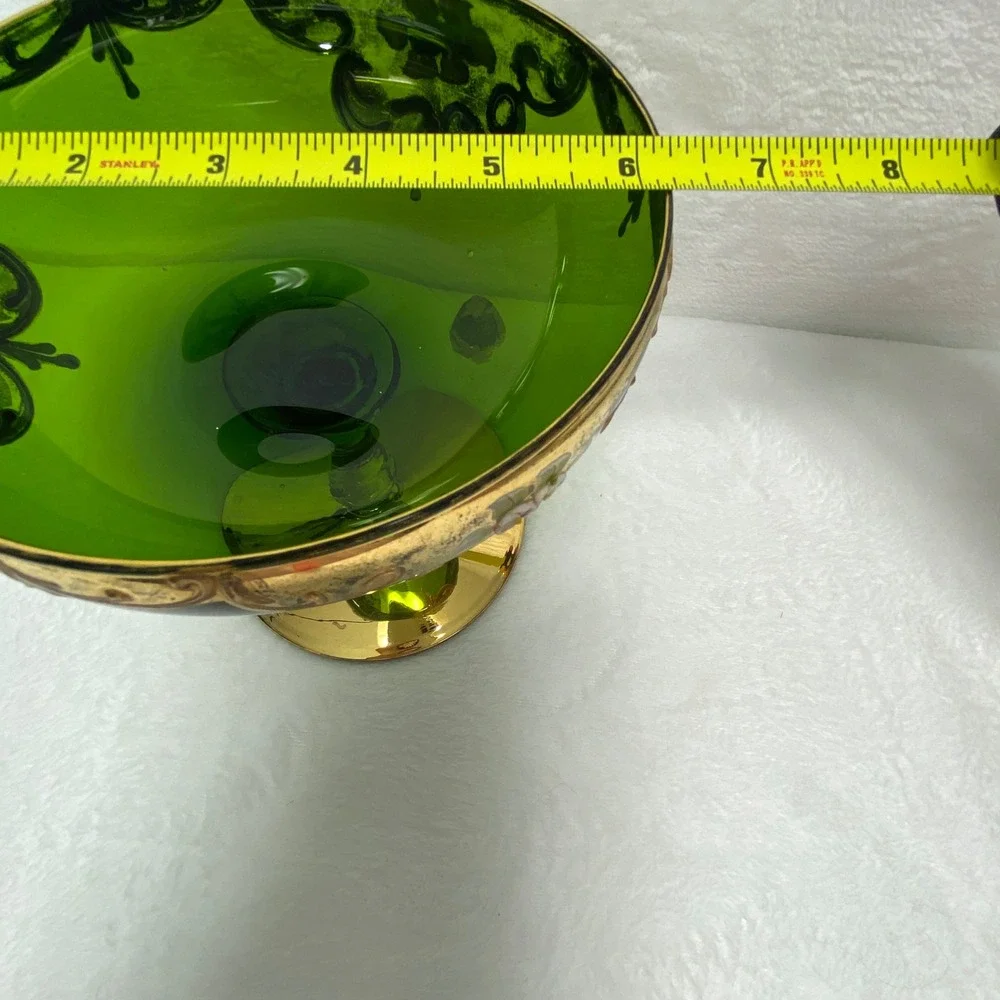 VTG Green Glass Pedestal Compote Bowl Goblet Candy Dish‎ Bowl Gold Leaf Italy